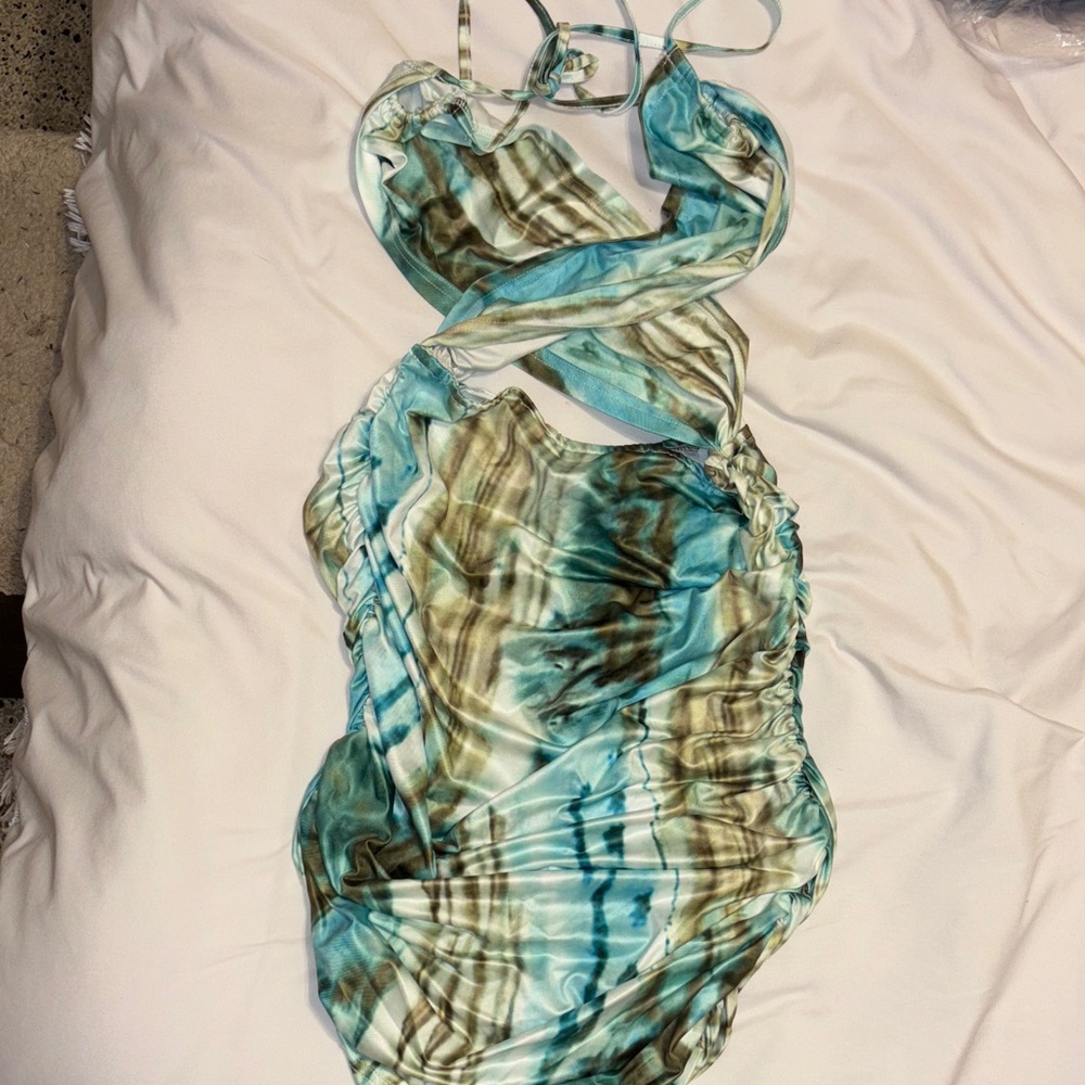 SHEIN Blue and Brown Tie-Dye Midi Dress